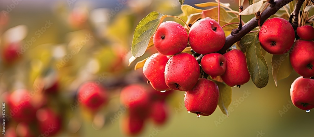 Aufkleber the image features a branch with red apples against the backdrop of an apple orchard providing copy 