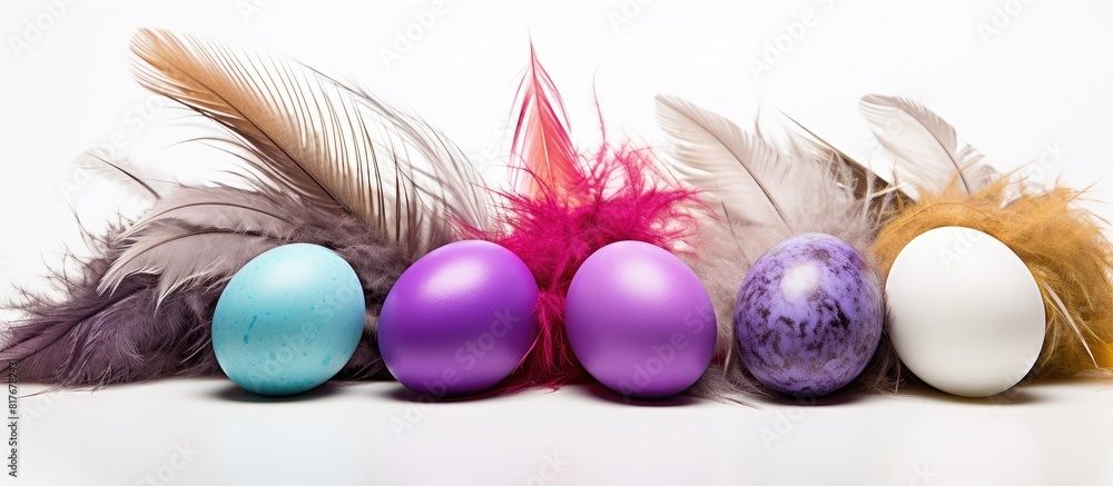 Poster studio photo of decorative colored eggs and feathers against a white background providing ample copy