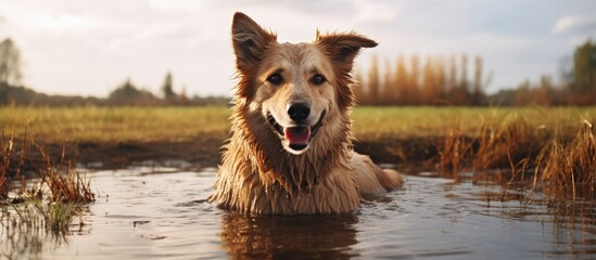In autumn a cute beige mongrel dog stands in a large water puddle in a field looking at the camera creating a charming copy space image