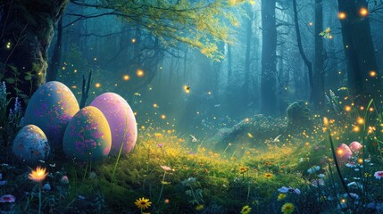 Enchanting Easter eggs hidden in a magical forest glade, illuminated by the soft glow of fireflies.