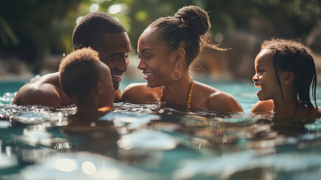 Happy african american black family having fun together playing in the swimming pool at summer vacation.