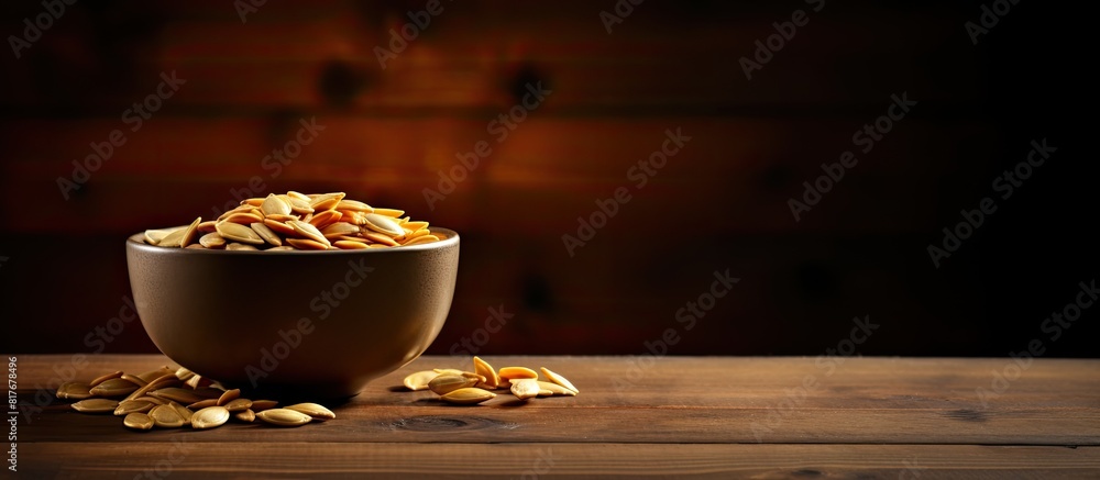 Aufkleber a small bowl containing pumpkin seeds sits on a wooden surface with two contrasting colors creating 