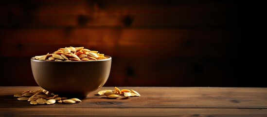 A small bowl containing pumpkin seeds sits on a wooden surface with two contrasting colors creating a visually appealing copy space image