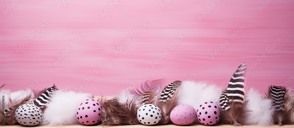 Poster a copy space image of quail eggs nestled among vibrant feathers rests on a white wooden table contra