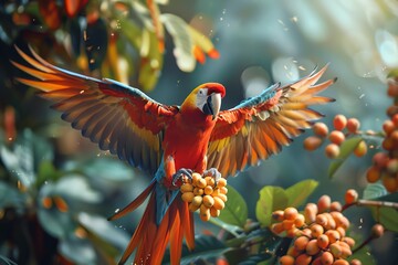 A colorful parrot flutter its wings
savoring a tropical fruit salad in a lush rainforest canopy