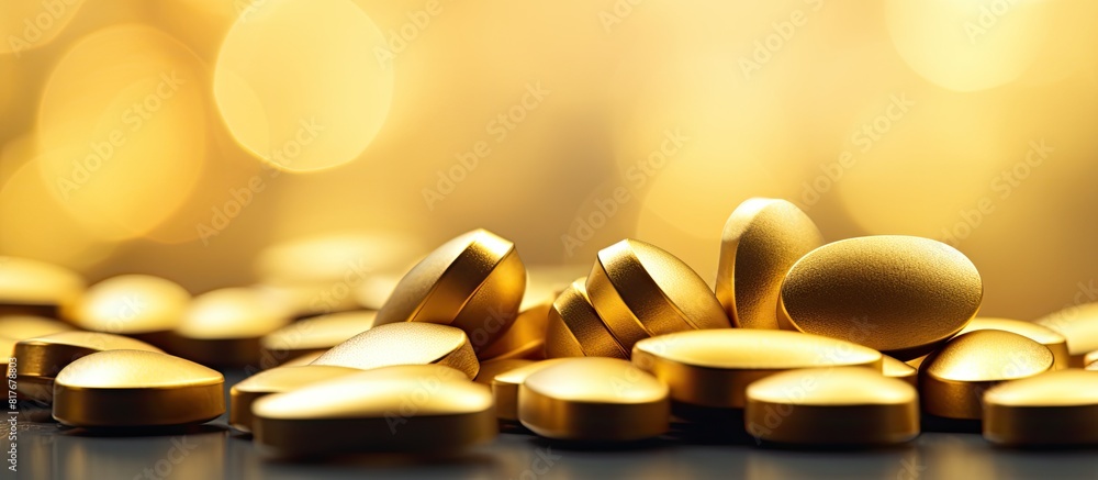 Poster golden heart shaped pills with ample copy space for text