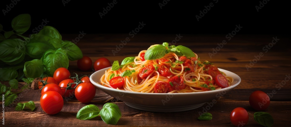Poster a healthy vegetarian spaghetti dish featuring fresh tomatoes and parsley placed on a rustic wooden t