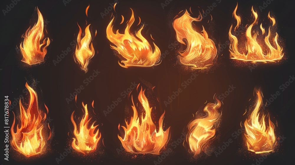 Poster a set of fire flames on a dark, black background. perfect for adding drama and intensity to your pro