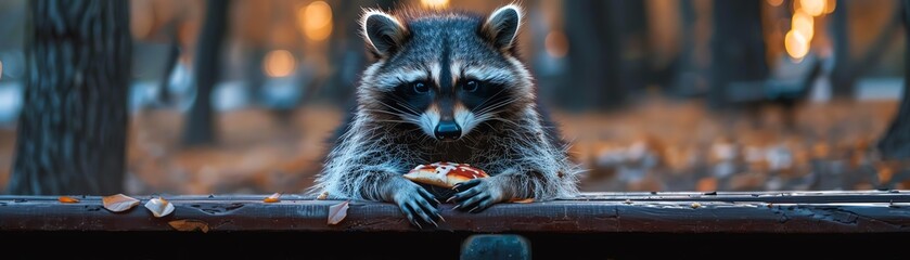 A curious raccoon snacking on a slice of pizza, sitting on a city park bench at twilight - Powered by Adobe
