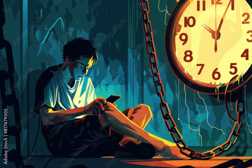 Poster A man sitting on the ground next to a clock. Suitable for time management concepts