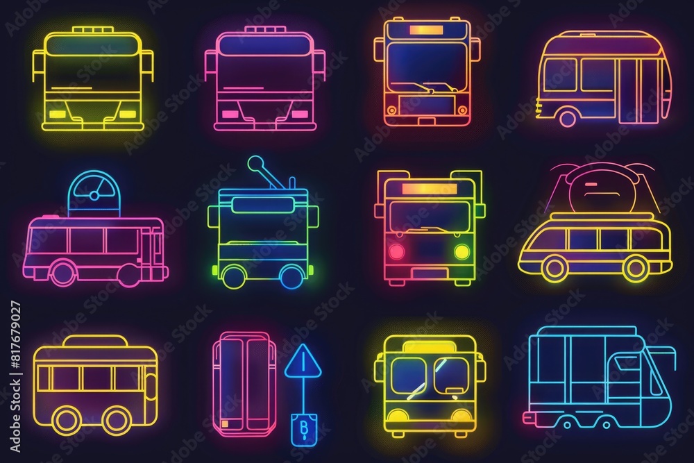 Poster a set of neon bus icons on a dark background. perfect for transportation themed designs