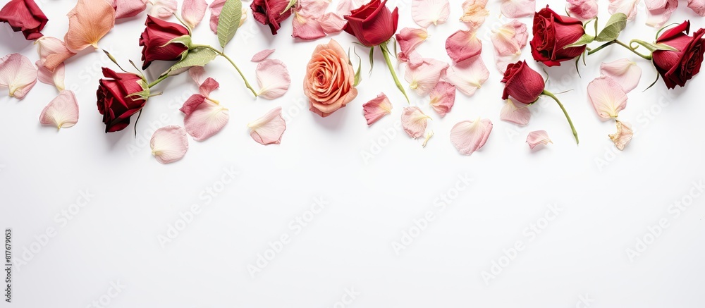 Aufkleber A top down view of dry rose flowers is displayed on a white background in this flat lay image leaving ample copy space