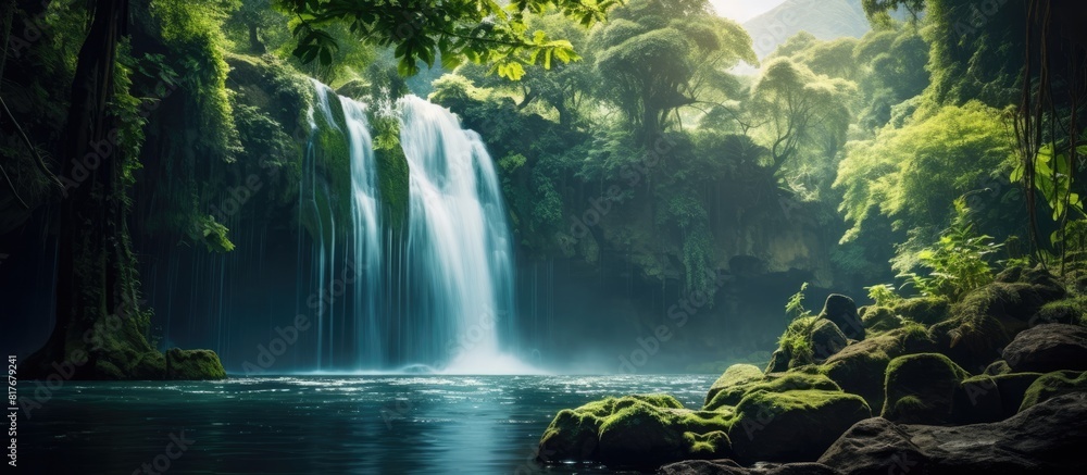 Aufkleber A stunning waterfall surrounded by lush greenery creating a serene and picturesque scene with ample copy space for an image