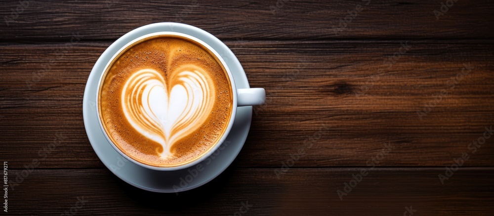 Poster A coffee latte art with a heart shaped design on top providing a visually appealing image with space for additional content