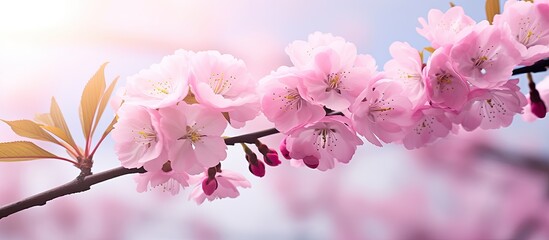 Closeup of the breathtaking pink sakura tree flowers blooming outdoors with ample space for text in the image