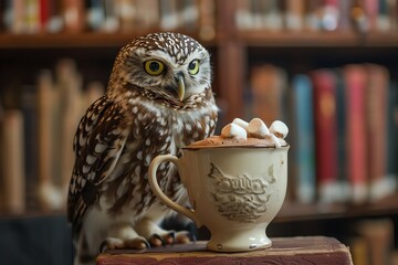 A wise old owl perched on a chair with library shelf in background, savoring a cup of hot cocoa with marshmallows