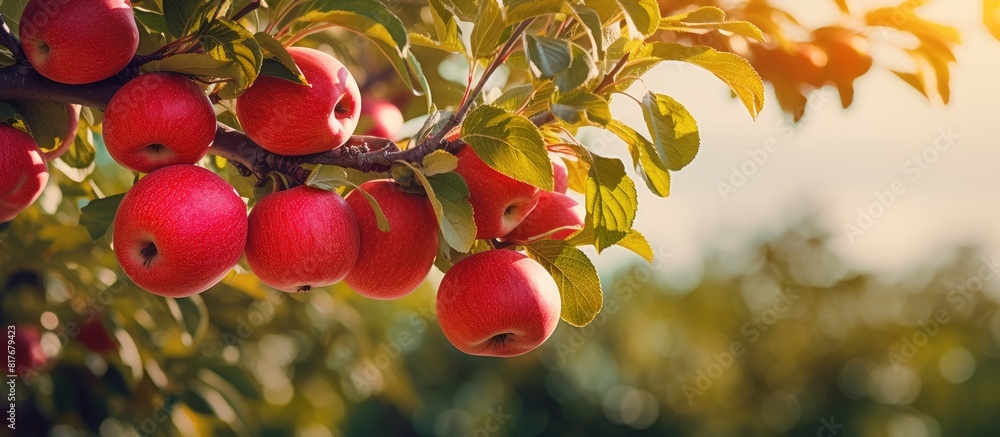 Poster The image features a branch with red apples against the backdrop of an apple orchard providing copy space