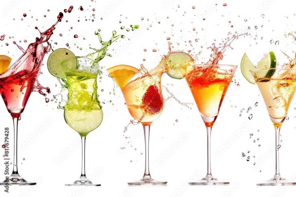 Poster row of glasses filled with various colored drinks, perfect for beverage concepts