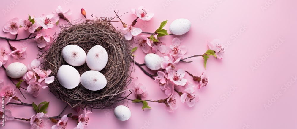 Poster There is a flat lay view of painted eggs in a nest surrounded by floral branches on a pink paper background The image has copy space