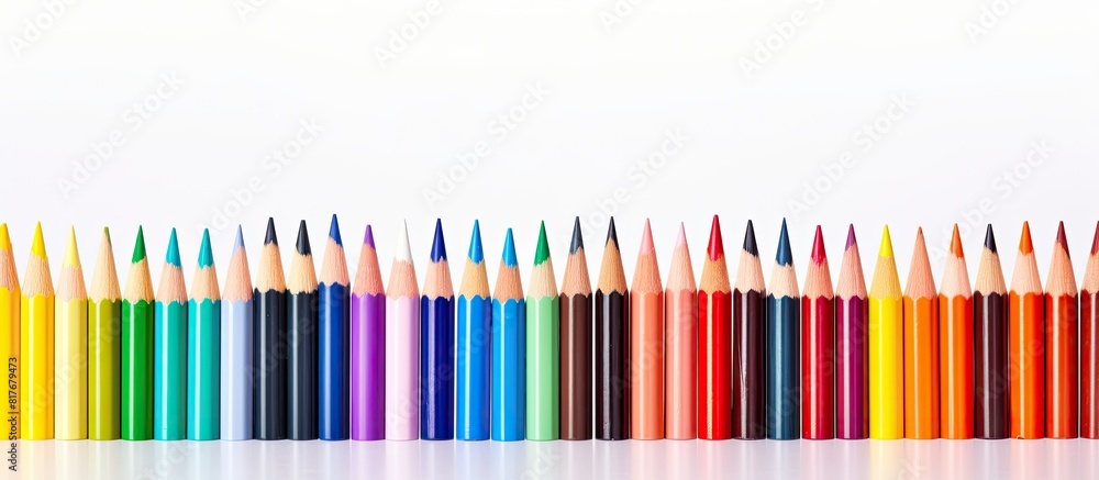 Poster A vibrant arrangement of colorful pencils and crayons on a pristine white background creating a captivating copy space image