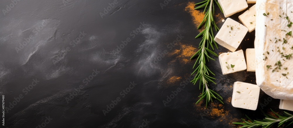 Aufkleber a copy space image featuring a board with pieces of tofu cheese flavored with rosemary set against a