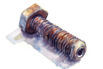 Watercolor painting of a screw on paper. Suitable for industrial, engineering or construction concepts
