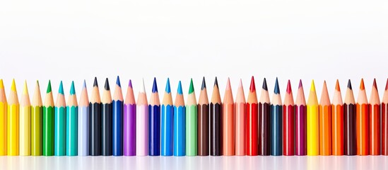 A vibrant arrangement of colorful pencils and crayons on a pristine white background creating a captivating copy space image