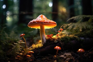 Fototapeta premium Red toadstool mushroom in autumn forest. Macro shot with blurred background.