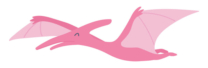 Cute pink flying dinosaur in flat design. Funny pterodactyl with wings. Vector illustration isolated.