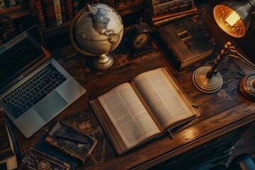 A topdown view of a desk featuring books, a laptop, and a globe