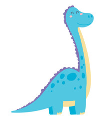 Cute dinosaur with long neck in flat design. Happy prehistoric dino mascot. Vector illustration isolated.
