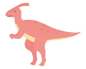 Cute red dinosaur in flat design. Funny prehistoric parasaurolophus dino. Vector illustration isolated.