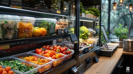 Obraz premium Modern grocery store interior with fresh fruits and vegetables on shelves.