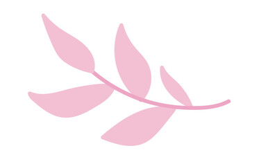Pink twig with leaves in flat design. Decorative forest foliage branch. Vector illustration isolated.