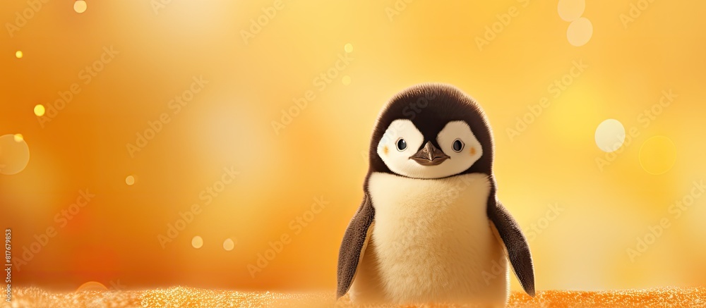 Poster cute little penguin made of felted wool sits on a yellow background with bokeh leaving space for a t