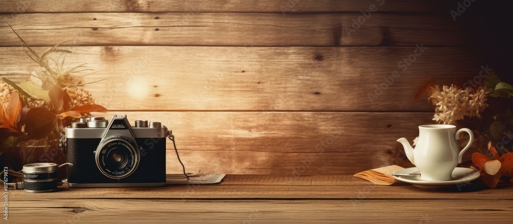 Poster A vintage photo with a retro style is placed on a wooden background creating a charming visual with copy space image