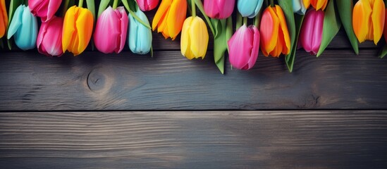 Tulips freshly arranged on a weathered wooden backdrop providing space for your message. Creative...