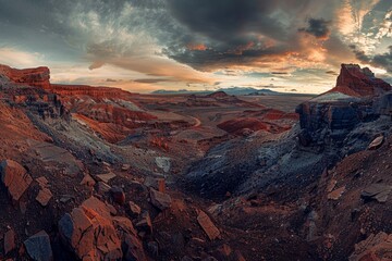 A wide-angle view of a desert with red rocks under a vibrant sunset sky