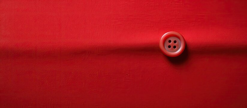 There is a button placed on a vibrant red textile background providing a close up view with ample space for additional images or text