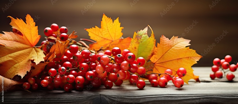 Poster a thanksgiving concept featuring autumn berries and leaves on a wooden background creating a serene 