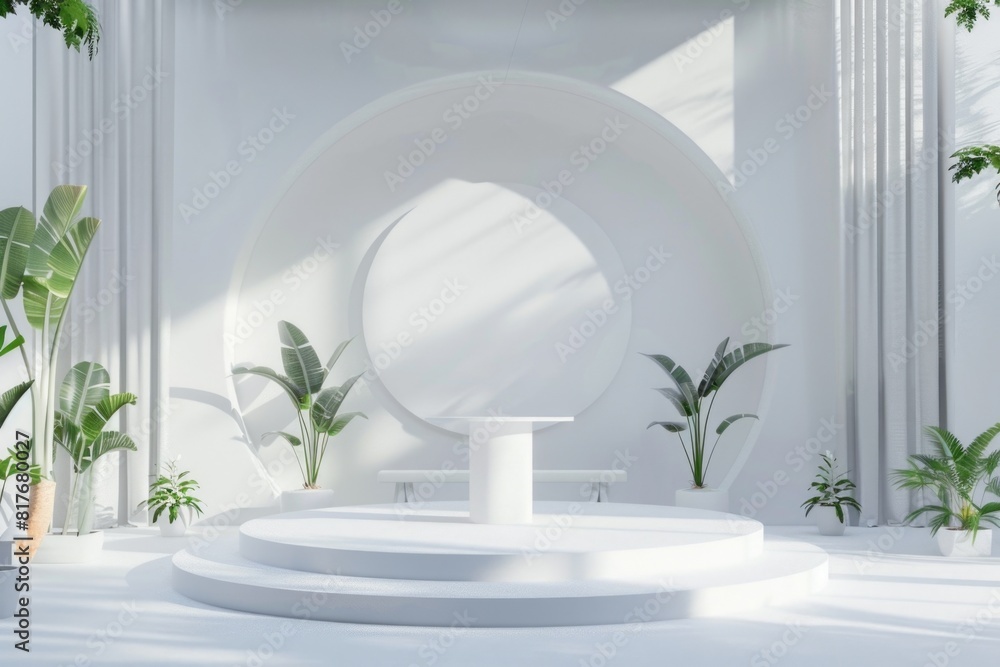 Poster a bright white room with green plants and a round table. ideal for interior design concepts