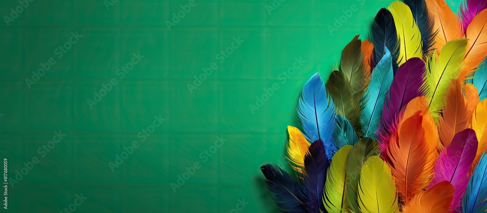 Poster a colorful poster with feathers on a green backdrop perfect for a carnival or holiday event great co