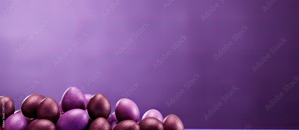 Poster purple paper background with easter chocolate eggs in a copy space image