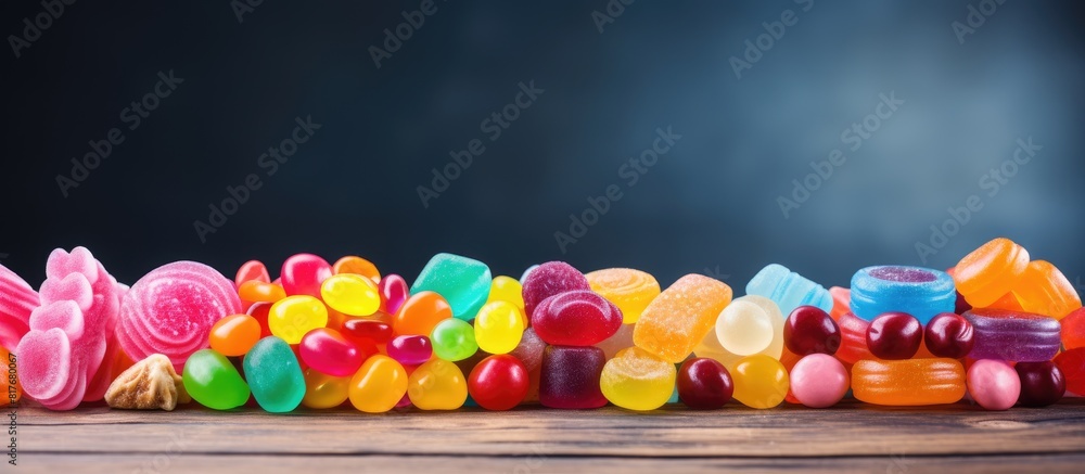 Poster Delicious candies of various colors placed on a wooden surface with ample empty space for additional images