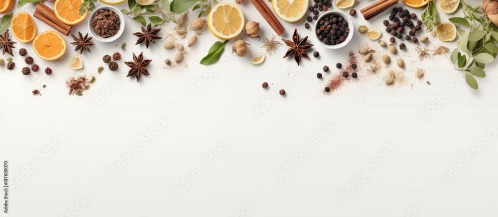 Poster a flat lay composition featuring a white wooden table adorned with dried herbal tea leaves fresh fru