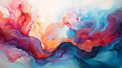 The image is an abstract painting. It has a colorful background with a light blue wave in the...