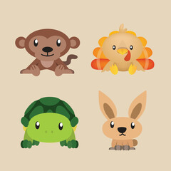 Cute illustrations of Monkeys, Turkeys, Turtles and Rabbits