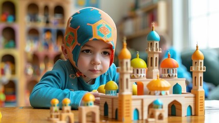 Child Exploring Colorful Islamic Architectural Toys for Educational Play and Faith Foundation