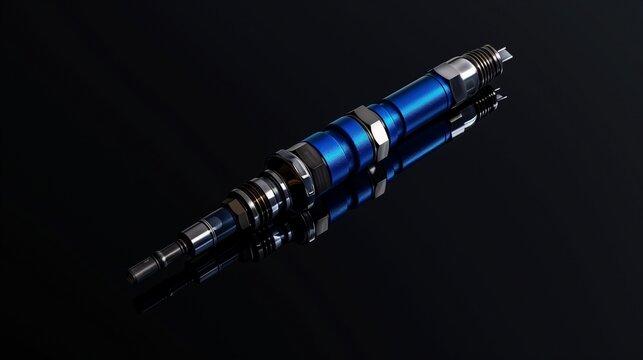Bright blue fuel injector on a stark black background - precision in vehicle fuel systems