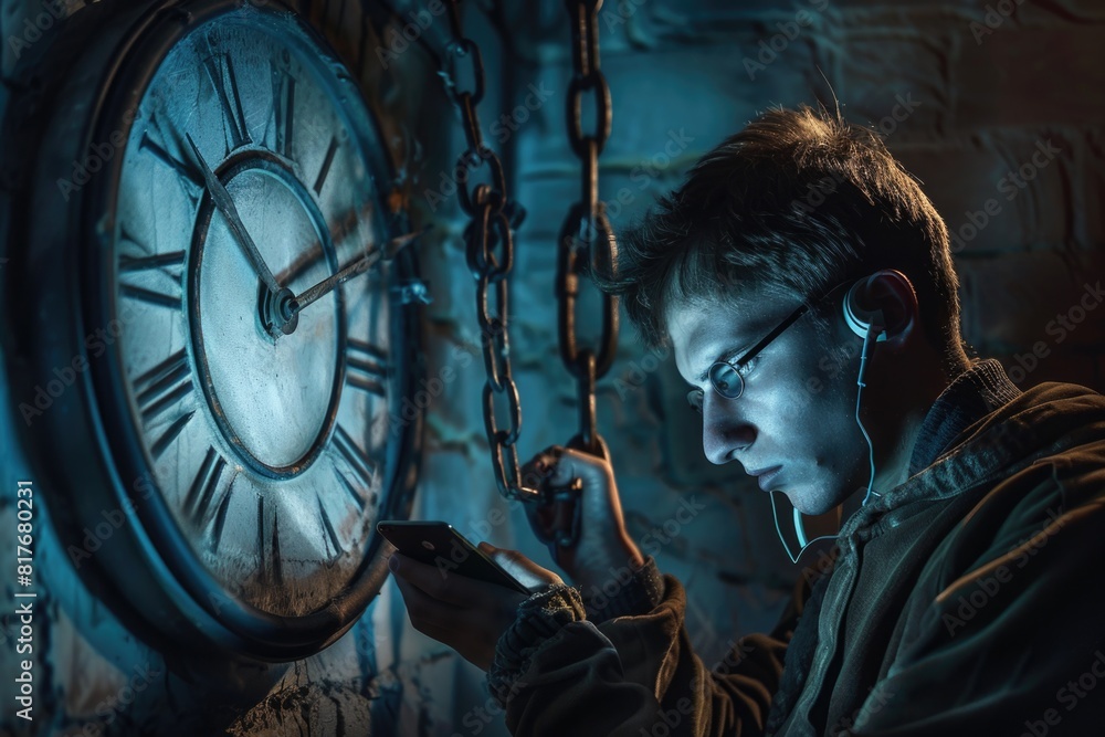 Poster A man is focused on his cell phone in front of a clock. Suitable for technology and time management concepts
